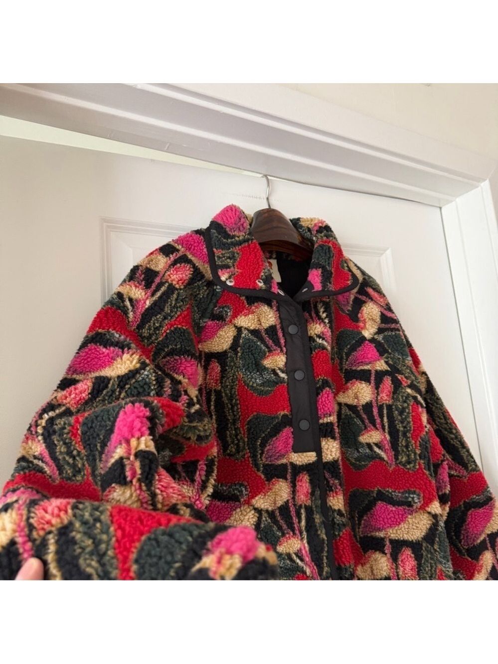 Farm Rio Black Wild Mushrooms Fleece Bomber Jacket - Picture 2 of 9